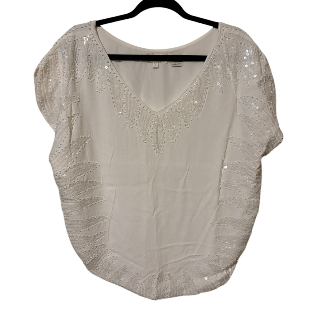 Miss Me Womens Short Sleeve Pullover Blouse White Size S Sequin Beaded